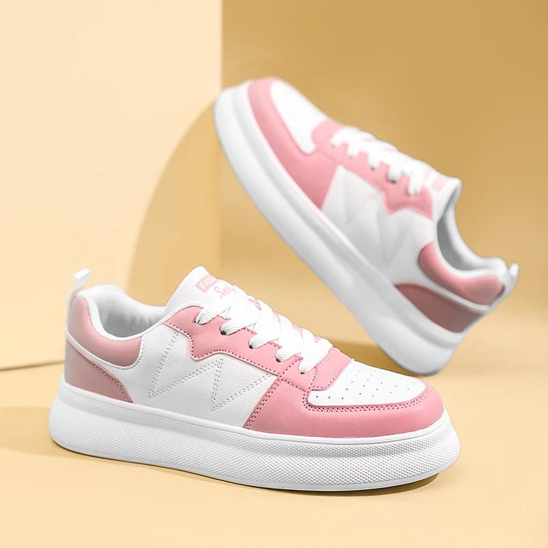 Casual PU Leather Breathable Lace Up Sports Shoes for Women Fashionable Lightweight Anti Slip Walking Shoes Thick Soled Shoes