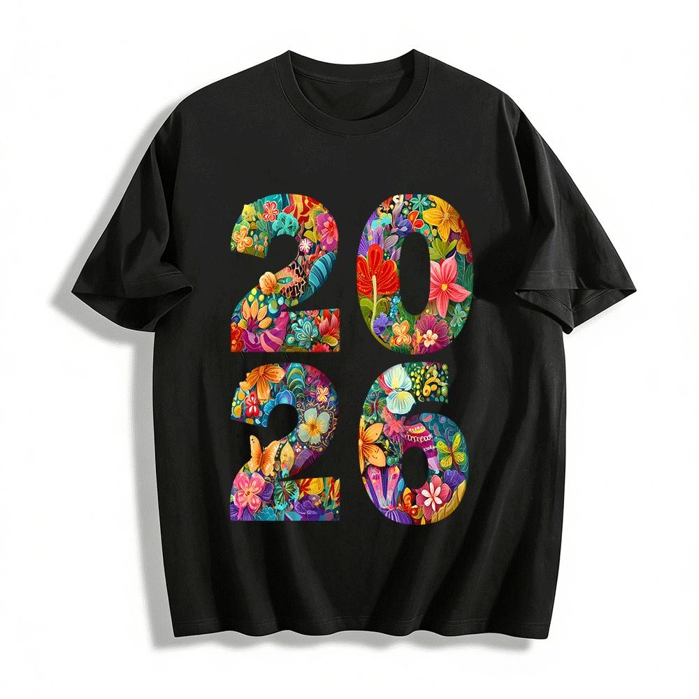 2026 Floral Pattern New Year Themed Casual Printed Top Pure cotton T-shirt XXS
