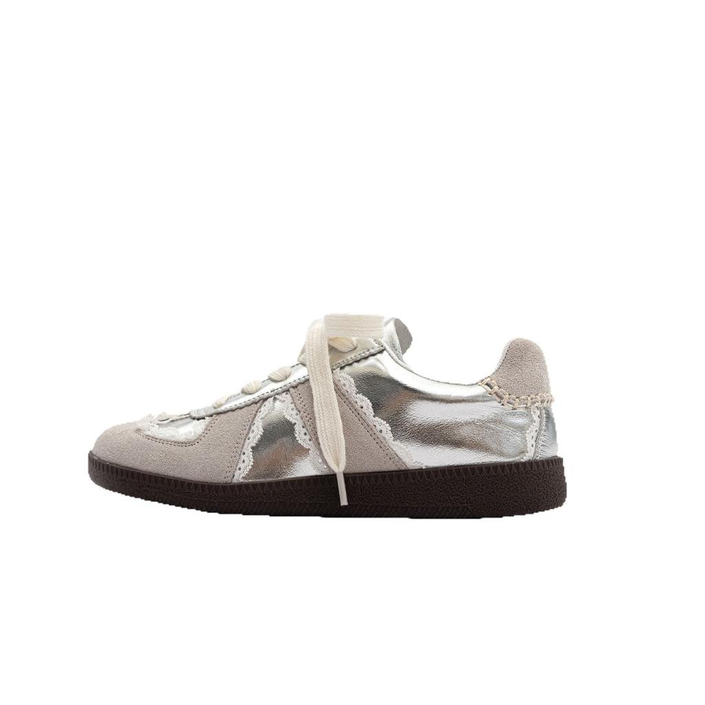 Dexun shoes 2025 new lace edge flat baseplate shoes Forrest Gump shoes women's casual versatile silver ballet white shoes
