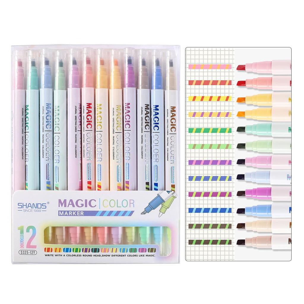12-Color Double-Ended Magic Color-Changing Fluorescent Pens for Students - Ideal for Note-Taking, Drawing, and Doodling.