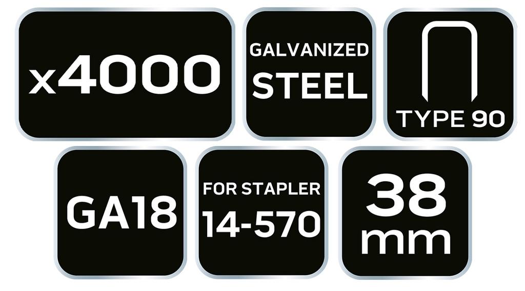 Galvanized Staples for Pneumatic Stapler (14-570), GA18, Type 90 (4K), Length 38 Mm, 4000 S