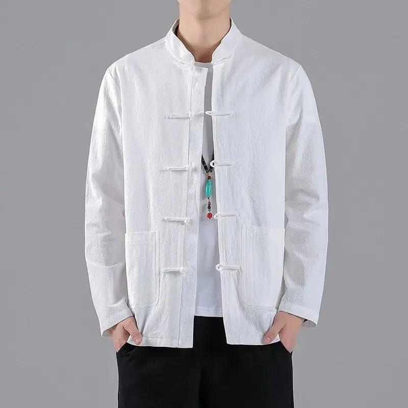 Men Linen Kungfu Cheongsam Top Hanfu Tang Suit Chinese Shirt Style Jacket Collar Traditional Chinese Clothing for Men