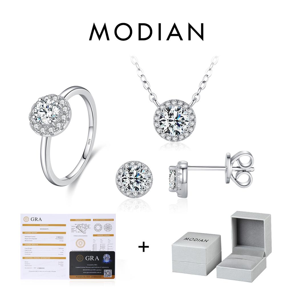 MODIAN Moissanite 925 Silver Fashion Luxury Round Necklace Stud Earrings Ring For Women Wedding Fine Jewelry Se