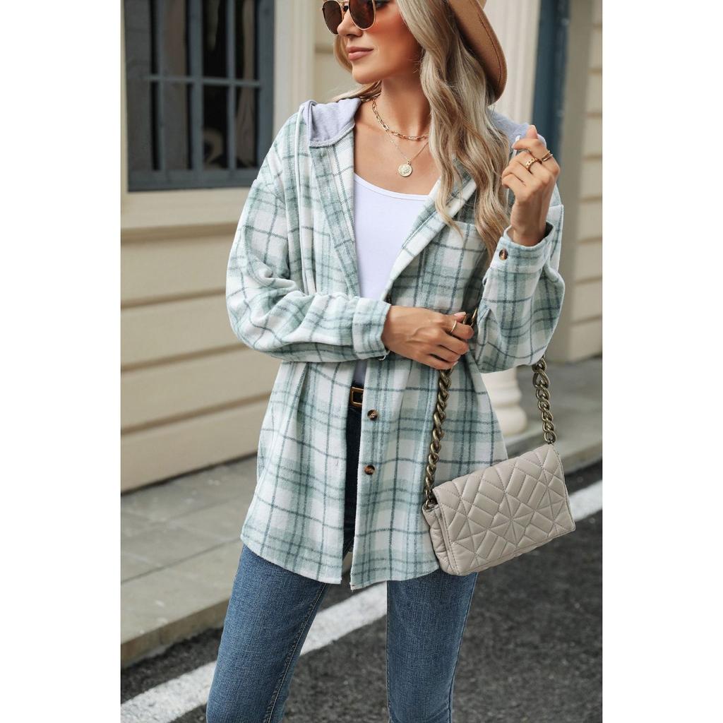 Fall Winter Women's Plaid Color Block Hooded Long Sleeve Loose Wool Coat