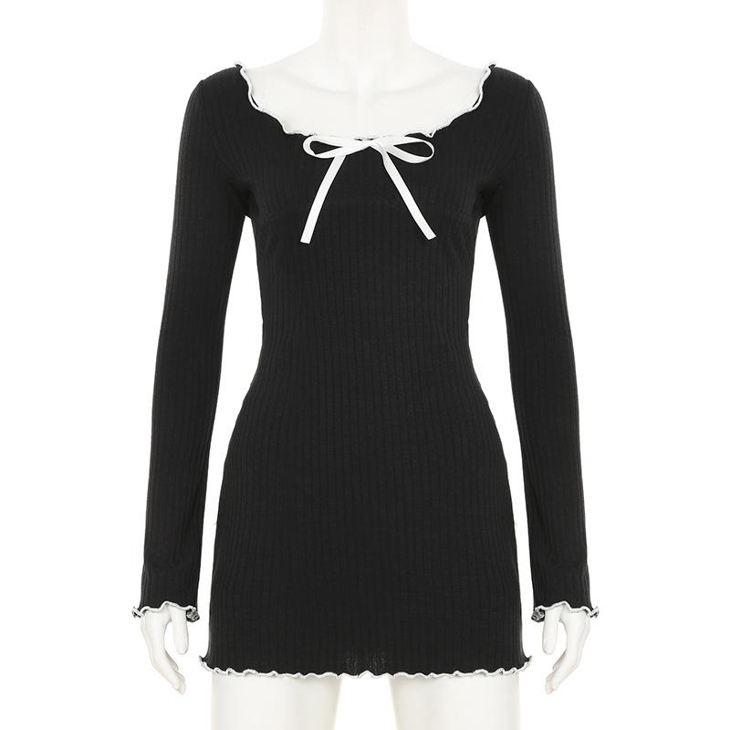 Women's Wavy Bow Sweet Color Contrast Age Reduction Waist Slimming Long Sleeved Dress