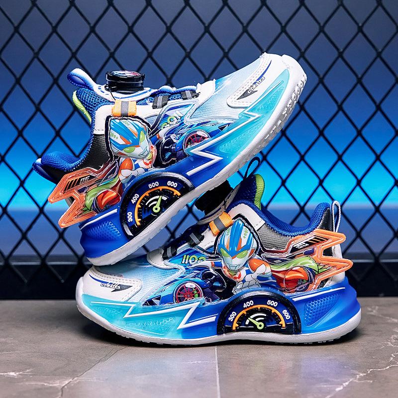 

2025 лето новые мальчики нескользящая подошва светящаяся обувь детские вращающаяся пряжка сетка мягкая подошва ветряная мельница спортивная обувь 31 синий