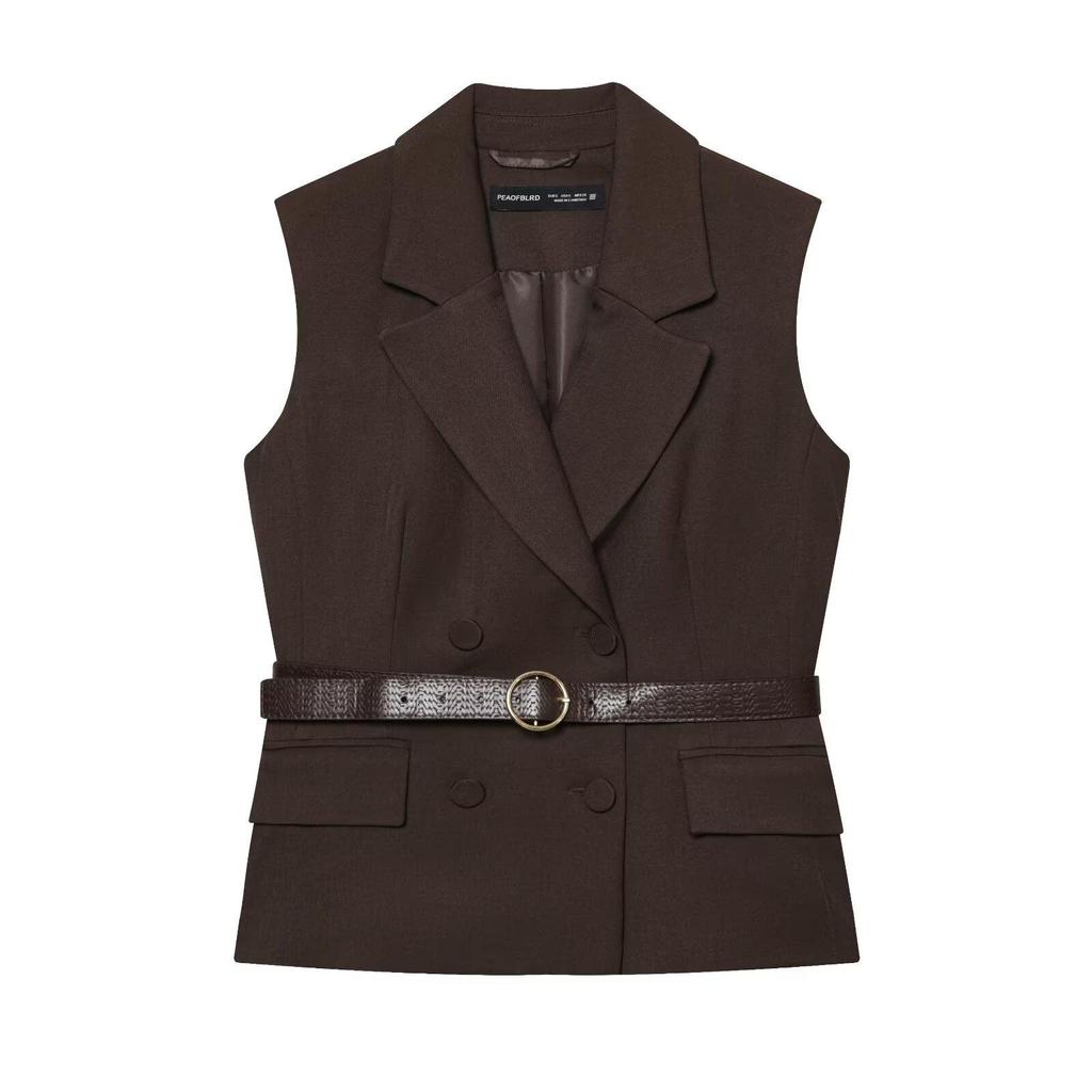 European & American Women's Early Autumn Fashion: Casual Belted Vest & High Waist Straight-Leg Pants Set