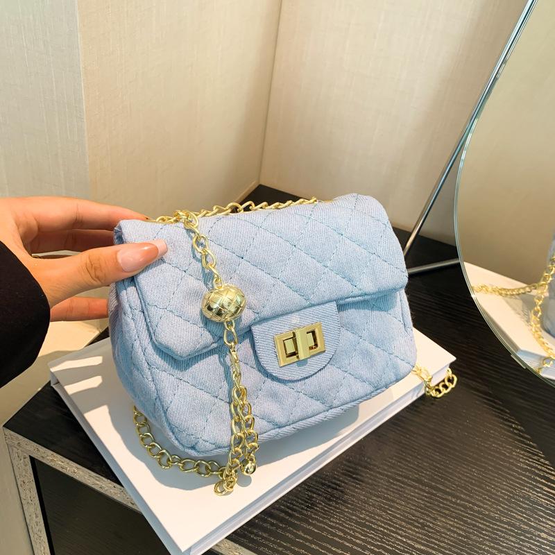 High-Value Foreign Style Lock Small Square Bag, Autumn New Denim Fashion Diamond Chain Messenger Bag