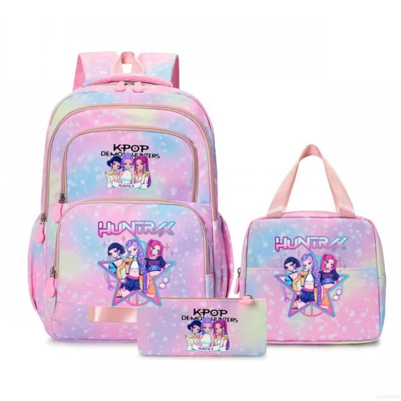 K-Pop Inspired Cartoon School Backpack Set Teen Girls 3pcs Lunch Bag Main Pencil Case Arc Shoulder Straps British Style