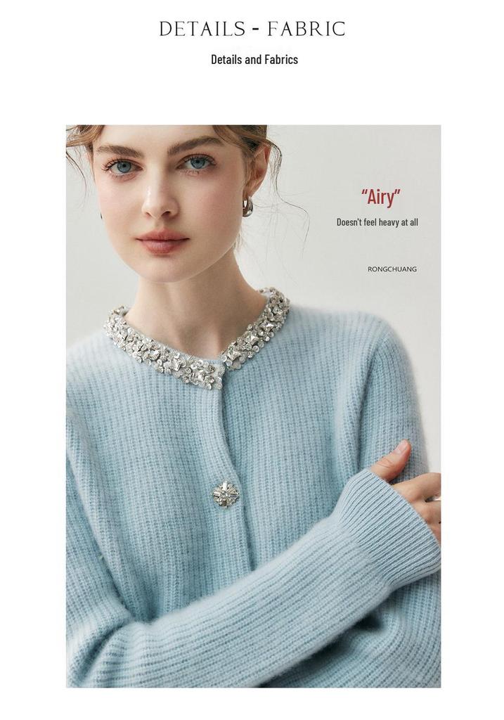 Women's Cashmere Cardigan - Round Neck, Rhinestone Trim, Stylish & Elegant, Perfect for Autumn/Winter.
