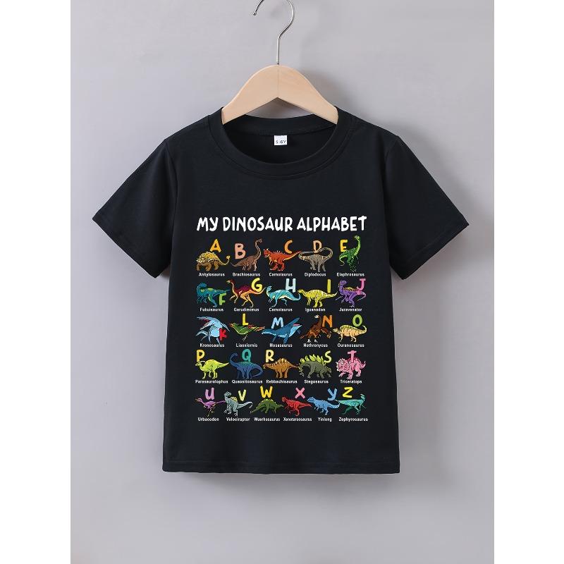 

European sizes Boys Summer Short Sleeve My Dinosaur Alphabet Print T-Shirt, Perfect for Outdoor Activities, Casual Wear, Fun Design 164cm чорний