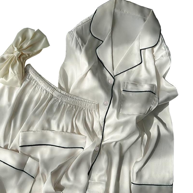 Ice Silk Pajamas Women'S Spring And Autumn High-End Long-Sleeved Solid Color Simple Style Loungewear Suit Can Be Worn Outside, Real Shot