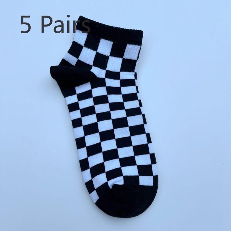 

5 пар носков с шахматным узором, мужские носки Tide In Short в студенческом стиле для мальчиков, хлопковые носки для скейтбординга 5 pairs чёрный