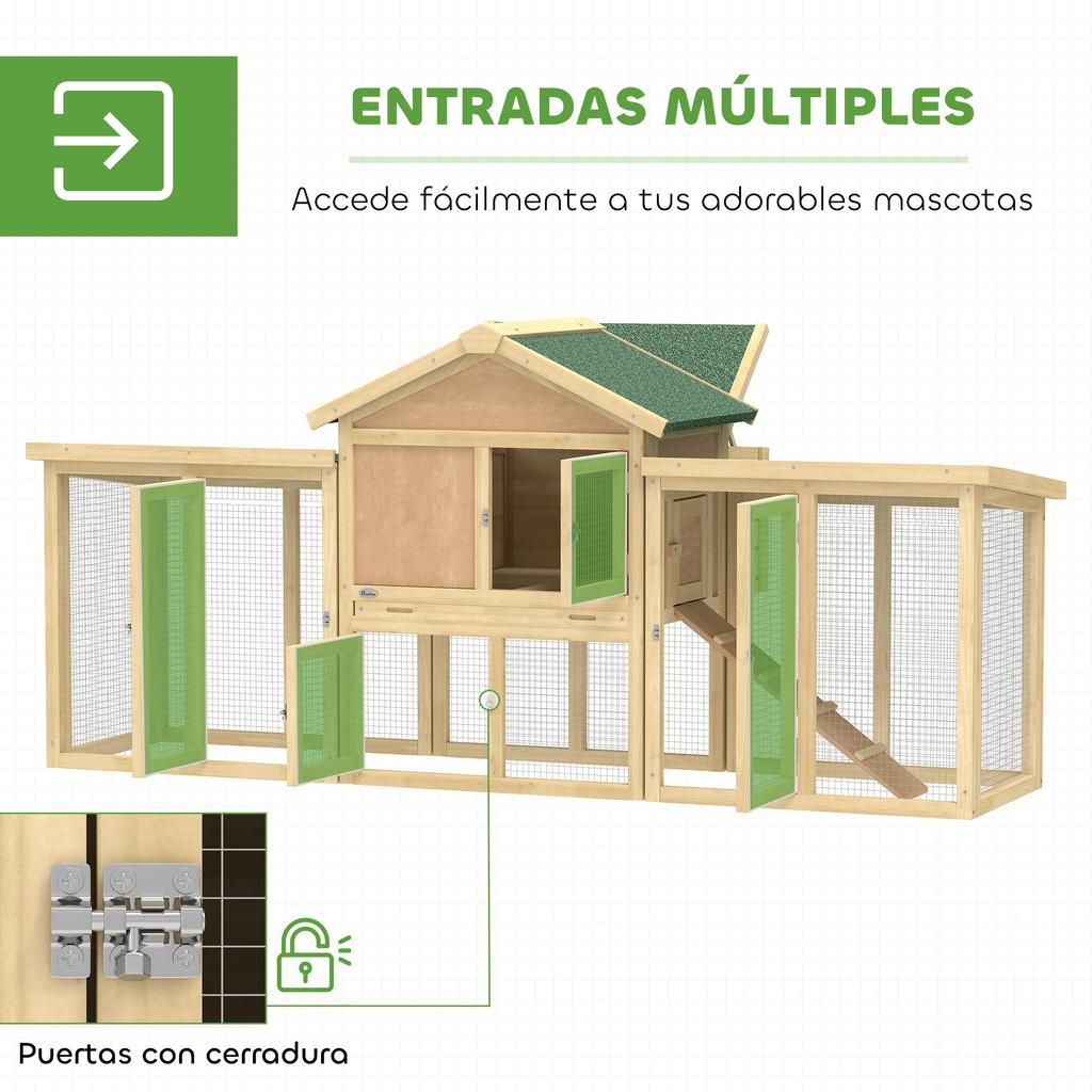 Large Wooden Outdoor Chicken Coop 204x85x93 Cm with Nesting Box, Run, Removable Tray and Natural Perch