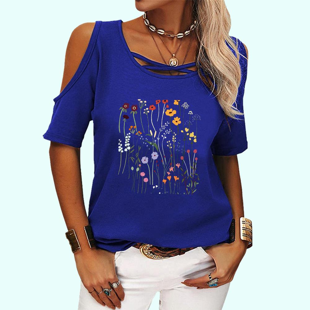 Women Fashion Off Shoulder Top Casual O Neck Summer Tee Shirt Floral Print Short Sleeve T-shirt