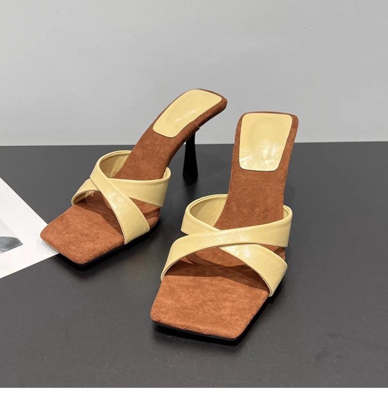 Fashion 2025 New Women's High Heels Sandal Square Head Cross Strap One Line Thin Heel Suitable  Wearing Outdoor Slippers