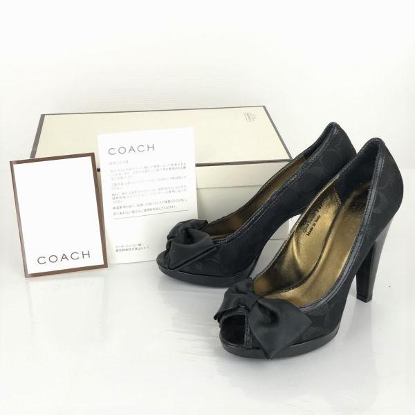 

Italy Coach Signature Pattern High Heel Pumps 24 Black Open Toe Ribbon
