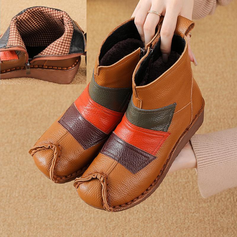 Johnature Ethnic Style Mixed Colors Genuine Leather Wedges Short Boots Warm Comfortable Women's Cotton Shoes