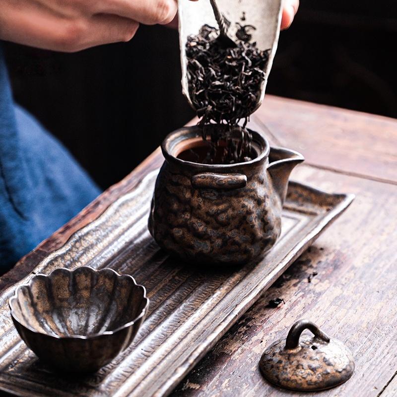 Old Rock Mud Rough Pottery Tea Pot Retro Black Gold glazeTeapot Tea Kettle Tea Ceremony Tea Making Single Pot Tea Ceremony