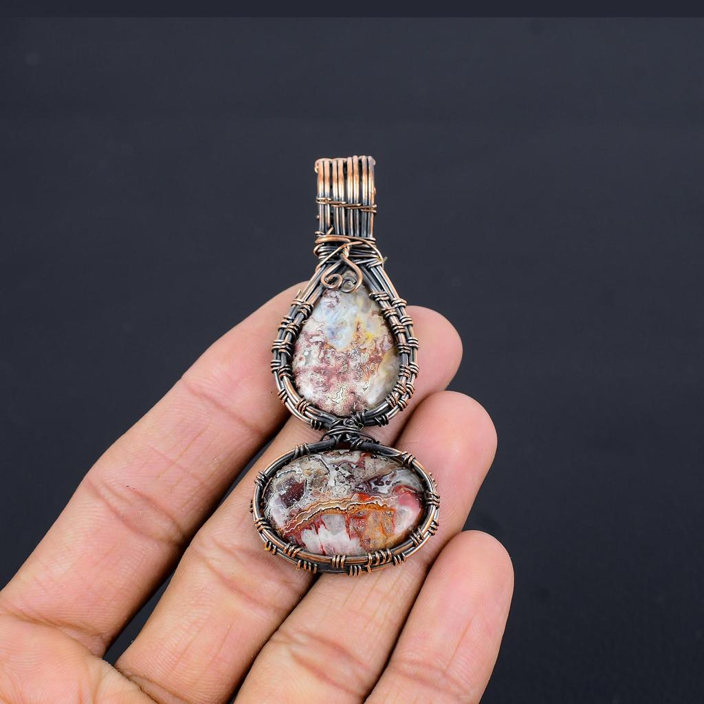 Laguna Lace Agate Pendant, Gemstone Jewelry 999 Copper Wire Wrapped Pendant, Gift For Women Handmade Pendant