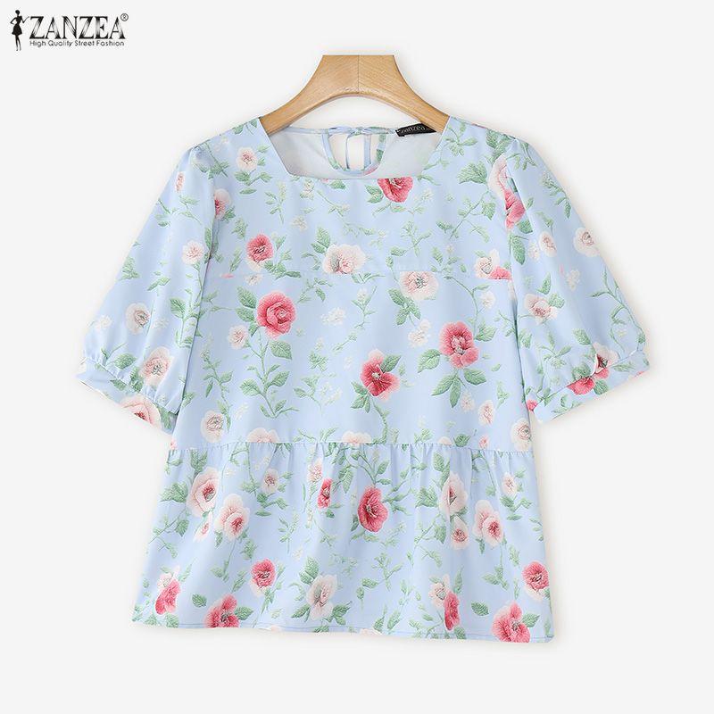 

ZANZEA Women Square Collar Floral Print Summer Casual Short Sleeve Blouse 5XL синий