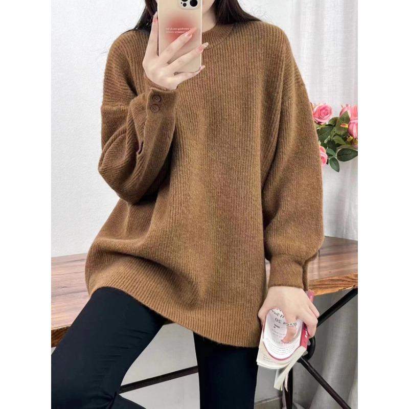 Lazy wind thickened loose cuffs button-knitted pullover sweater for women's autumn and winter medium and long inner top for women