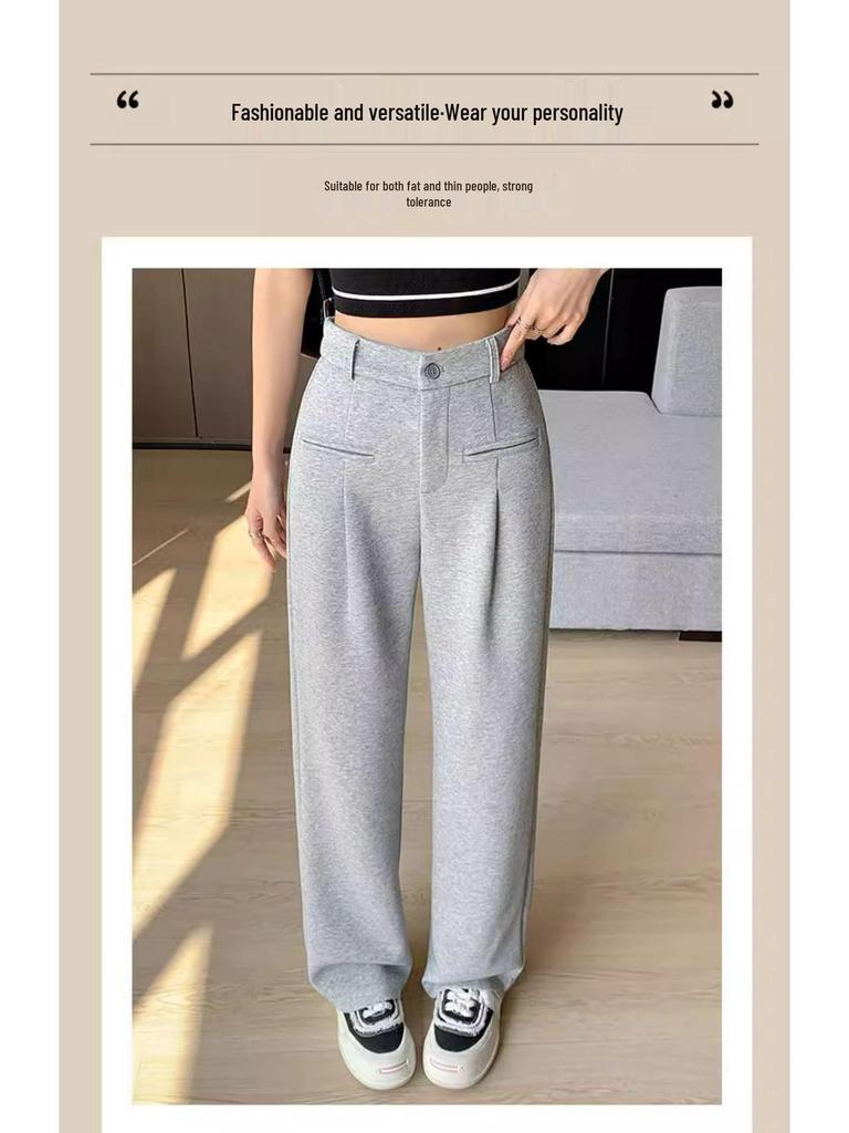 High-End Wide-Leg Knit Pants: Faux Pocket, Slimming, High Waist, Petite Fit for Women - Perfect for Autumn and Spring