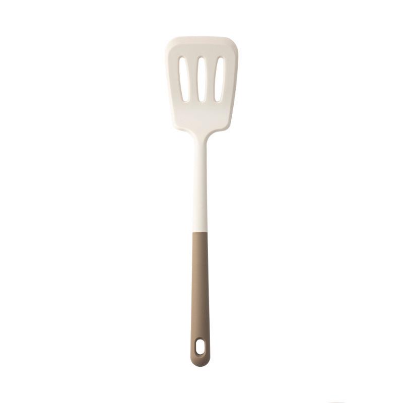 Heat-Resistant Silicone Kitchenware Set: Spatula, Soup Ladle, Slotted Spoon, Rice Spoon, Frying Pan Scraper, Oil Brush, and Flour Grabber.