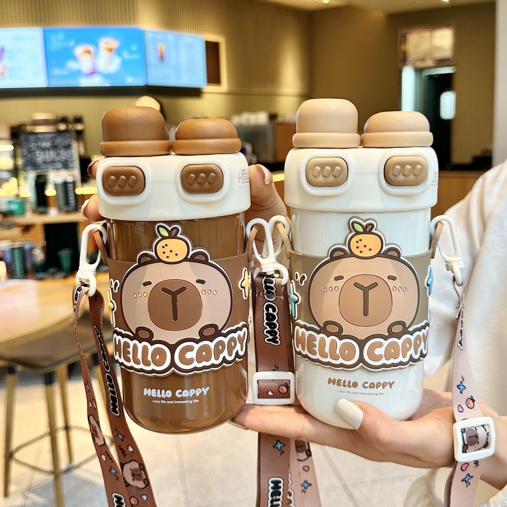 Capybara Childrens Insulated Water Bottle With Double Straw Lock For School Kids