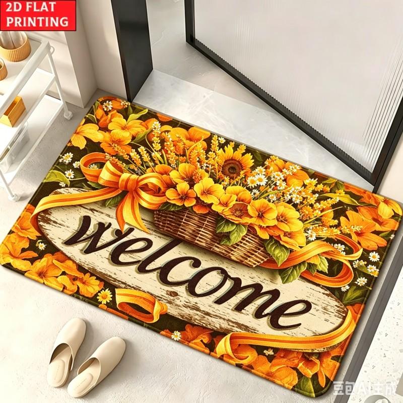 Panier de Fleurs de Lavande Tapis de Bienvenue Anti-Dérapant Tapis de Porte Floral Violet Ruban Tapis de Sol Tapis de Cuisine Entrée de Salon 40x60cm
