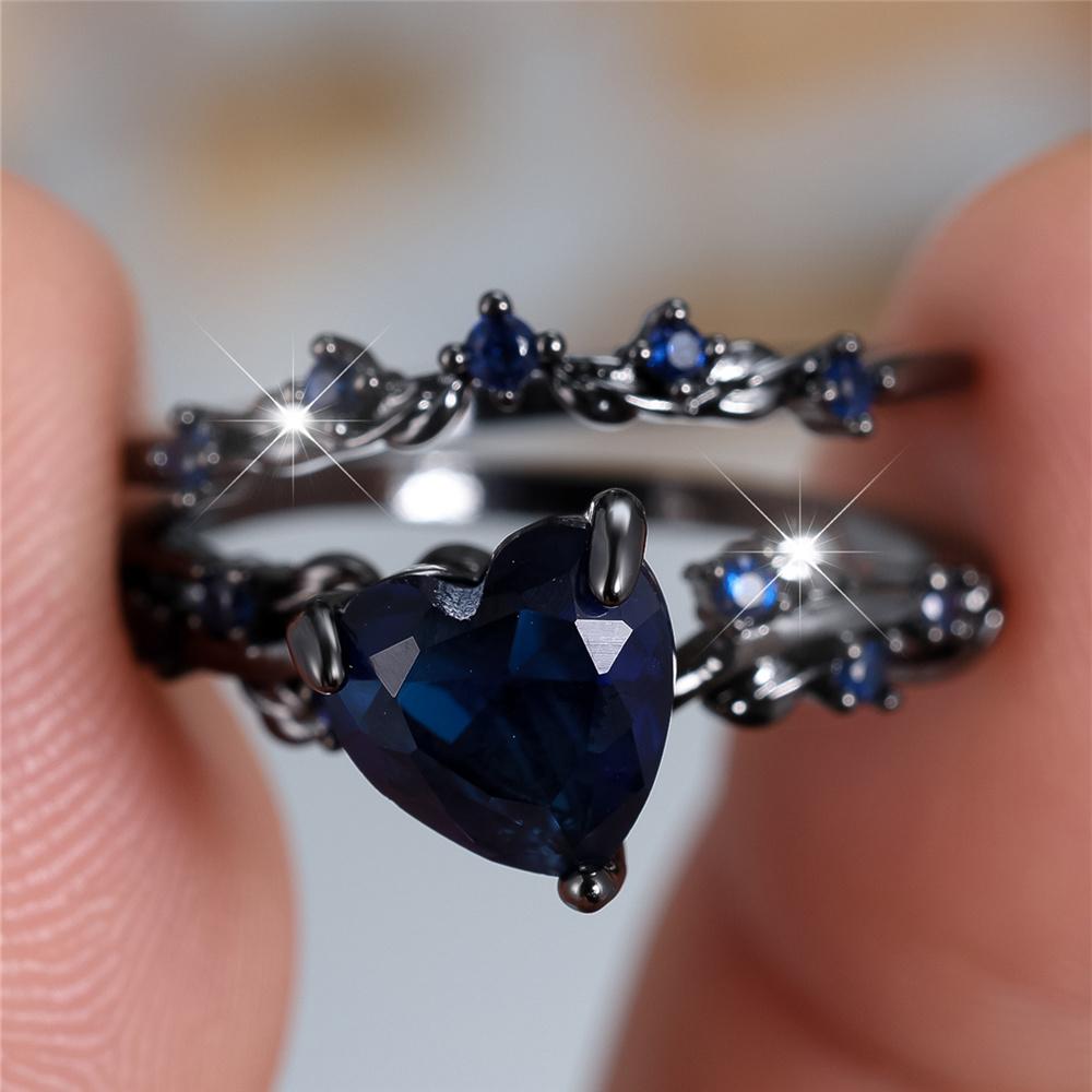 Dámský zásnubní prstenový set ve tvaru srdce s modrým zirkonem, vintage růžové zlato, snubní prsteny, párty šperky pro ženy