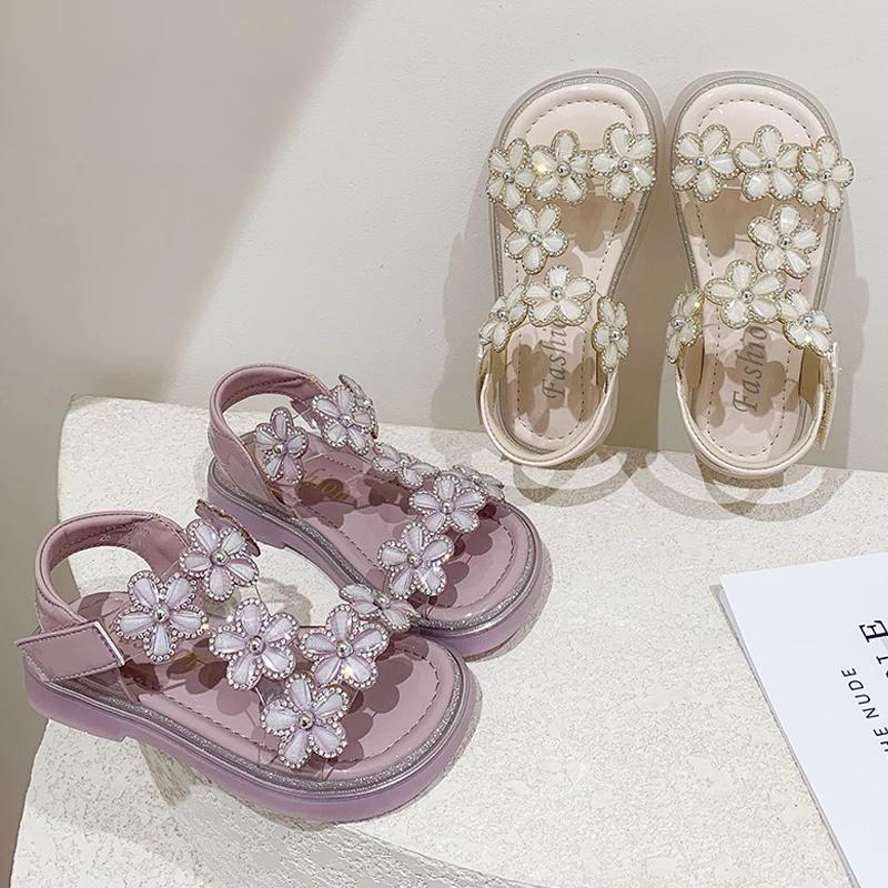 Luxury Crystal Floral Sandals Girls Transparent Pvc Strap Sandalias Baby Kids Brand Design Sole Summer Party Dress Shoes