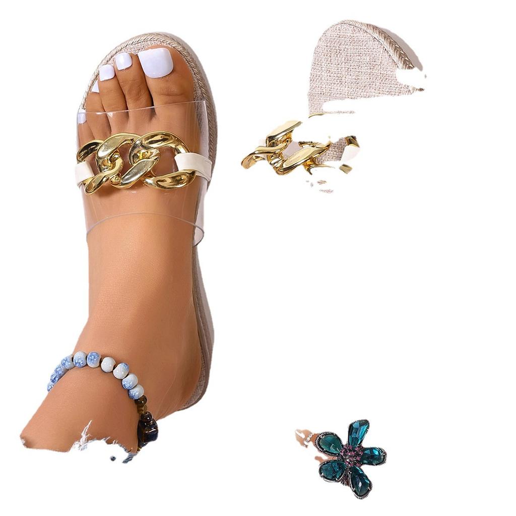 Außenhandelssandalen 2025 Sommer neue Mode Oberbekleidung Strand Ein-Wort Metallkette transparent Keilabsatz Hausschuhe Damen