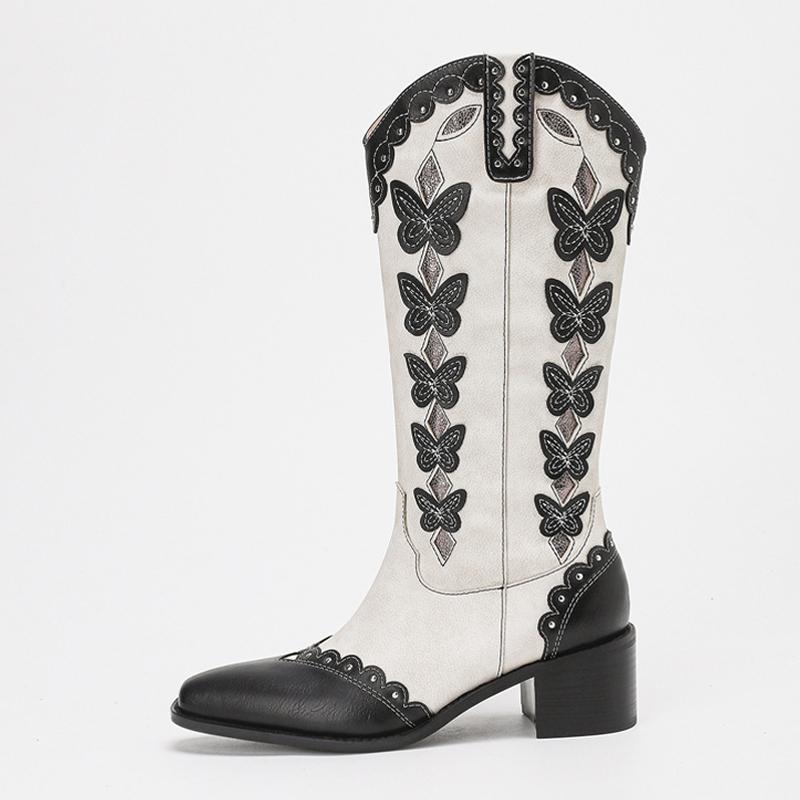

Модные Liyke Винтажные Женские Вышитые Бабочками Ковбойские Сапоги в Западном Стиле Сексуальные Ботильоны до Середины Икры с Острым Носком Осень Зима на Массивном Каблуке 36 чёрный