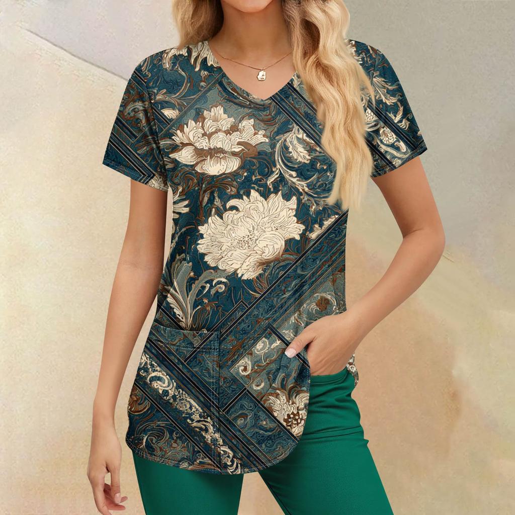 Pracovní uniforma s potiskem nadměrných velikostí pro ženy Potisk s výstřihem do V Krátký rukáv Zábavná trička Pracovní oblečení Tričko s kapsami