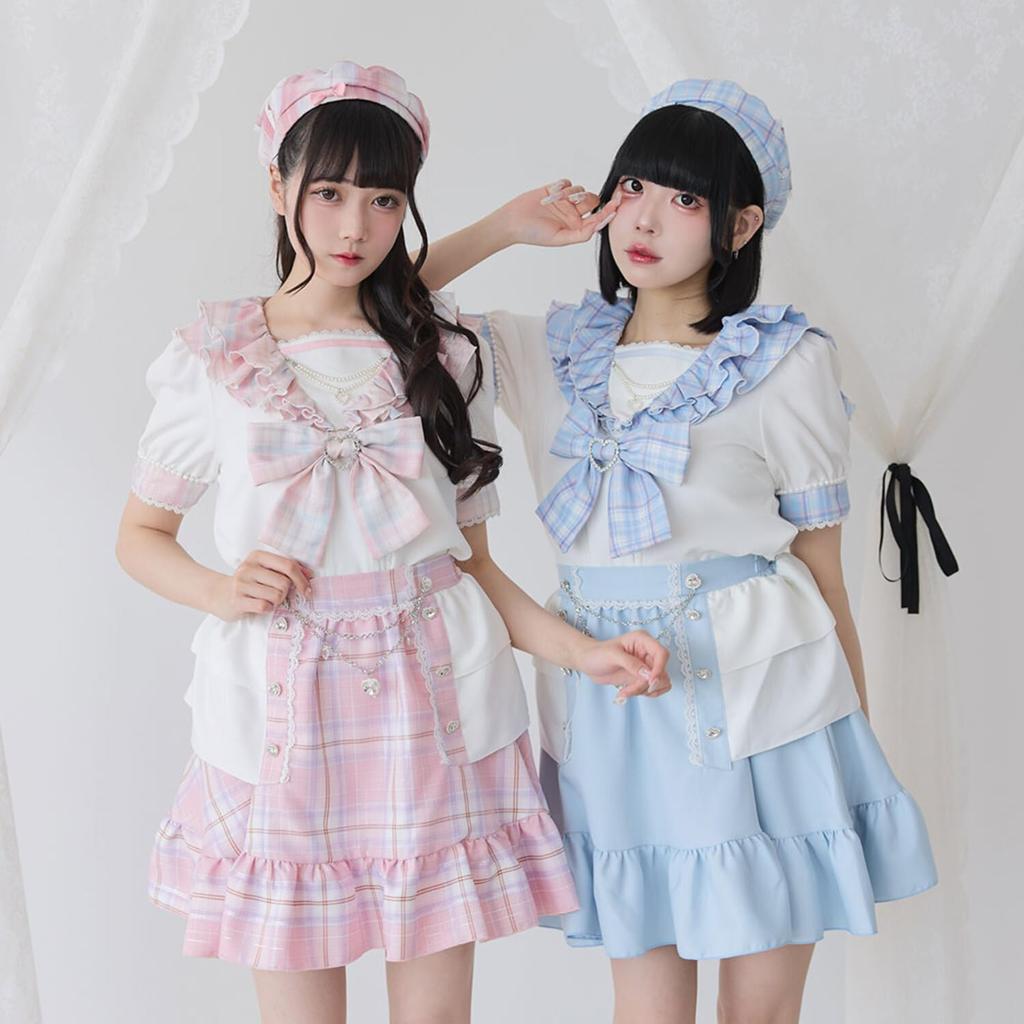 Dear My Love Classic Frill Sailor Blue Check Women's Double-Layered Blouse,