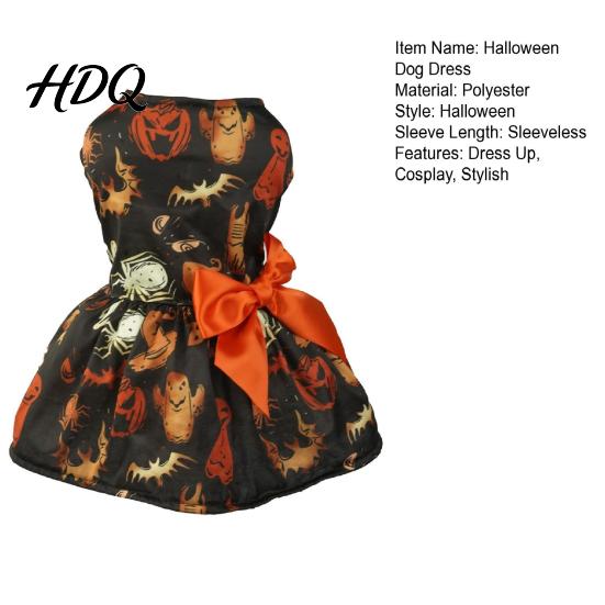 Pet Princess Skirt Funny Halloween Dog Dress Pumpkin Bat Spider Ghost Print Festive Costume for Photos Apparel Puppy with Bow Small Dogs Cats Soft