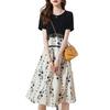 2026 Summer Printed Patchwork Two-Piece Midi Dress - Loose Fit, Slimming Tummy Conceal, Korean Style