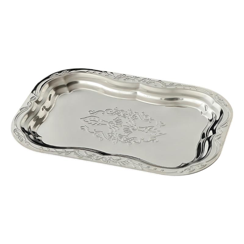 Elegant French Style Metal Tray Engraved Floral Pattern For Serving Snacks Fruits And Appetizers In Homes Or Restaurant