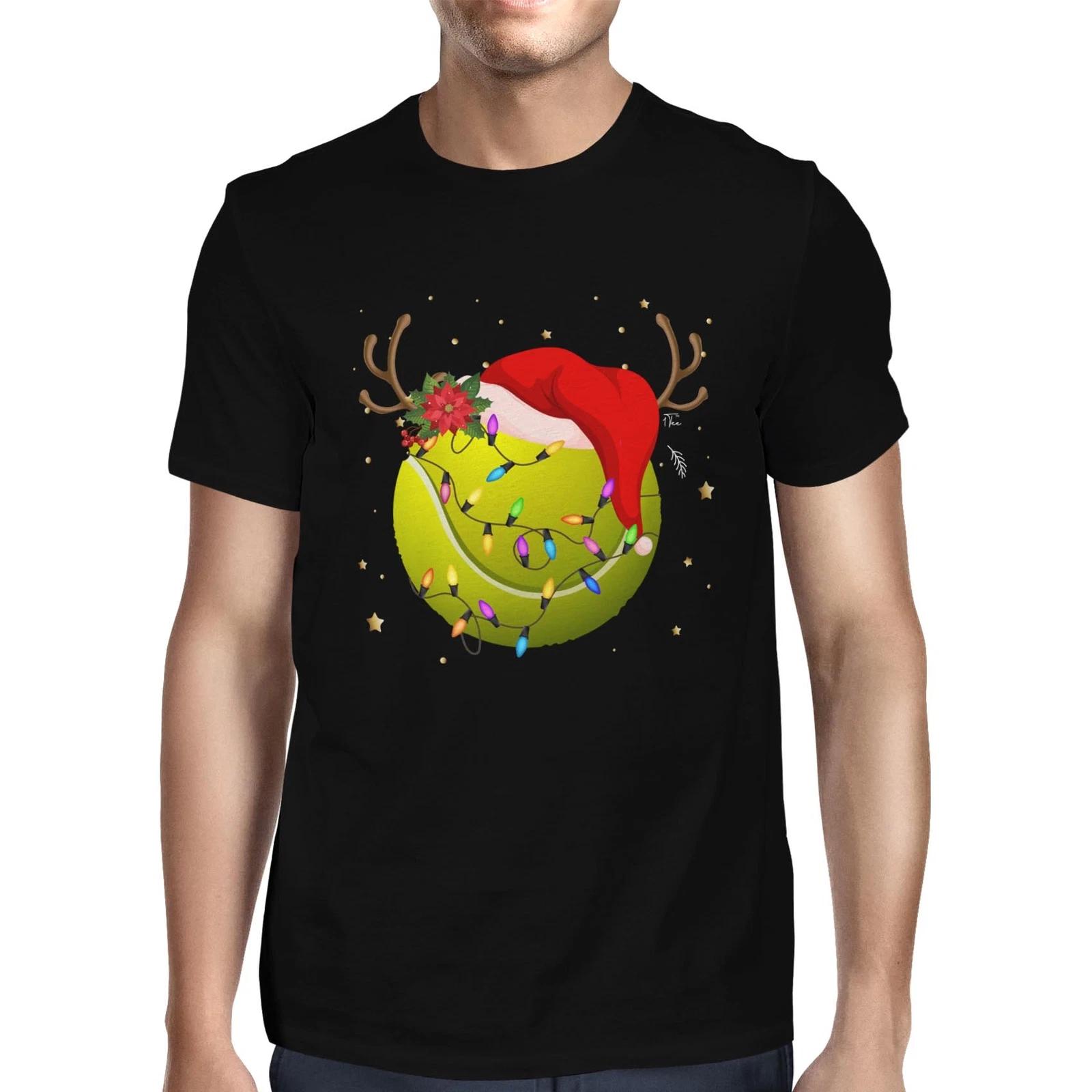 1Tee Mens Christmas Tennis Ball with Santa Hat and Reindeer Antlers T-Shirt XXL