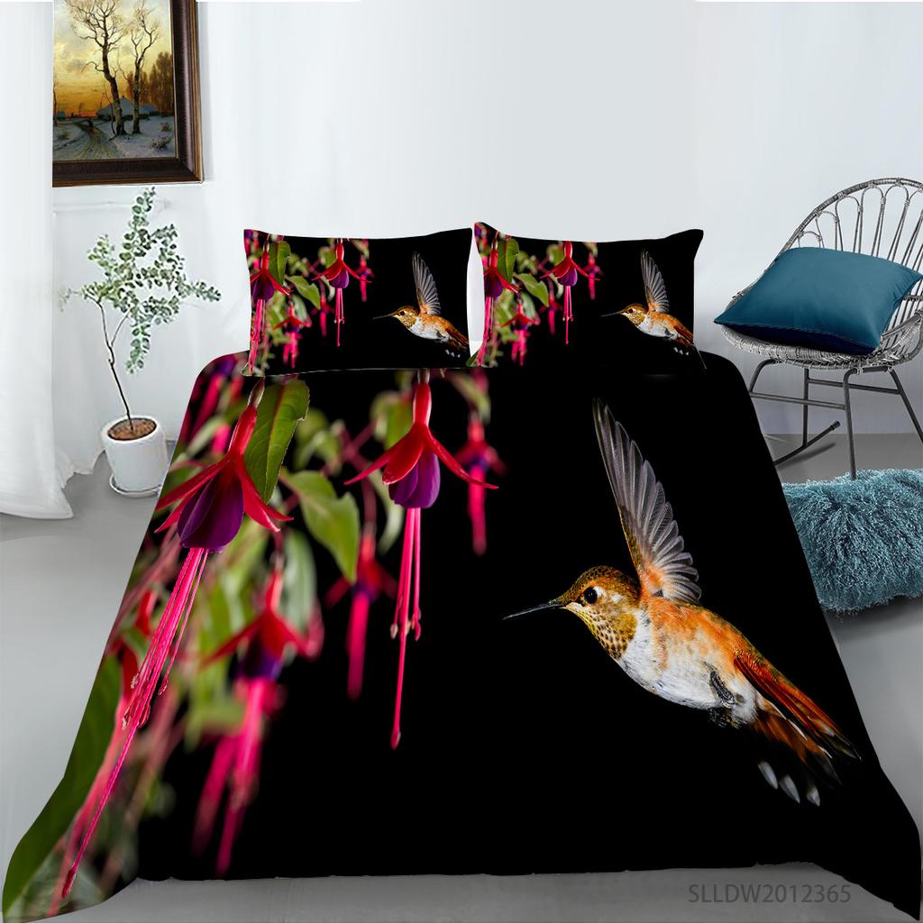 Hummingbird Duvet Cover Set King/Queen Size Small And Cute Tropical Bird Yellow Flower Green Leaves  Bedding Set Women