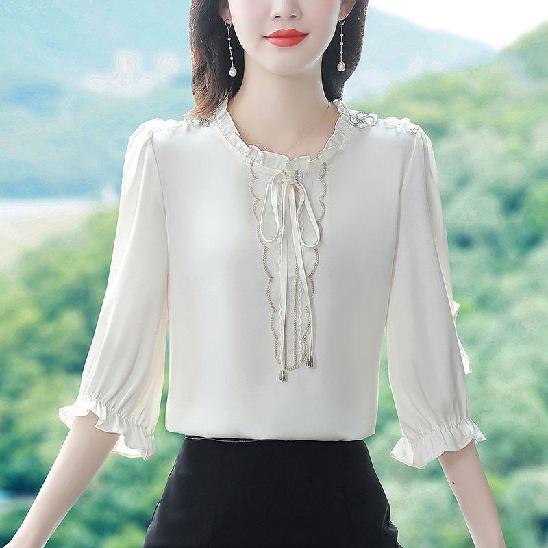 Módní saténový top dámský letní jednobarevný všestranný elegantní sedmirukávový stylová halenka