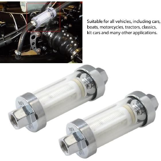 2x Universal 1/4" 5/16" 3/8" Chrome Glass Reusable Washable Inline Fuel Filter for Fuel Petrol Diesel Water Hose Pipe 6/8/10mm