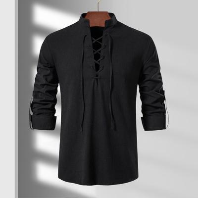 Spring Men Shirt Lace-up Strap Stand Collar Solid Color Long Sleeves Retro Hippie Casual Beach Style Pullover Mid Length Daily Top
