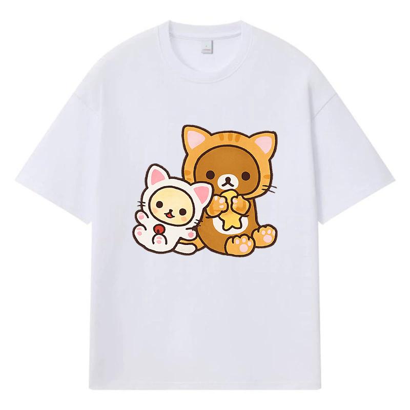 2026 Cat And Bear Printed Graphic Y2k Harajuku Streetwear 100% Cotton T Shirt Casual Oversized Summer Men T-shirt