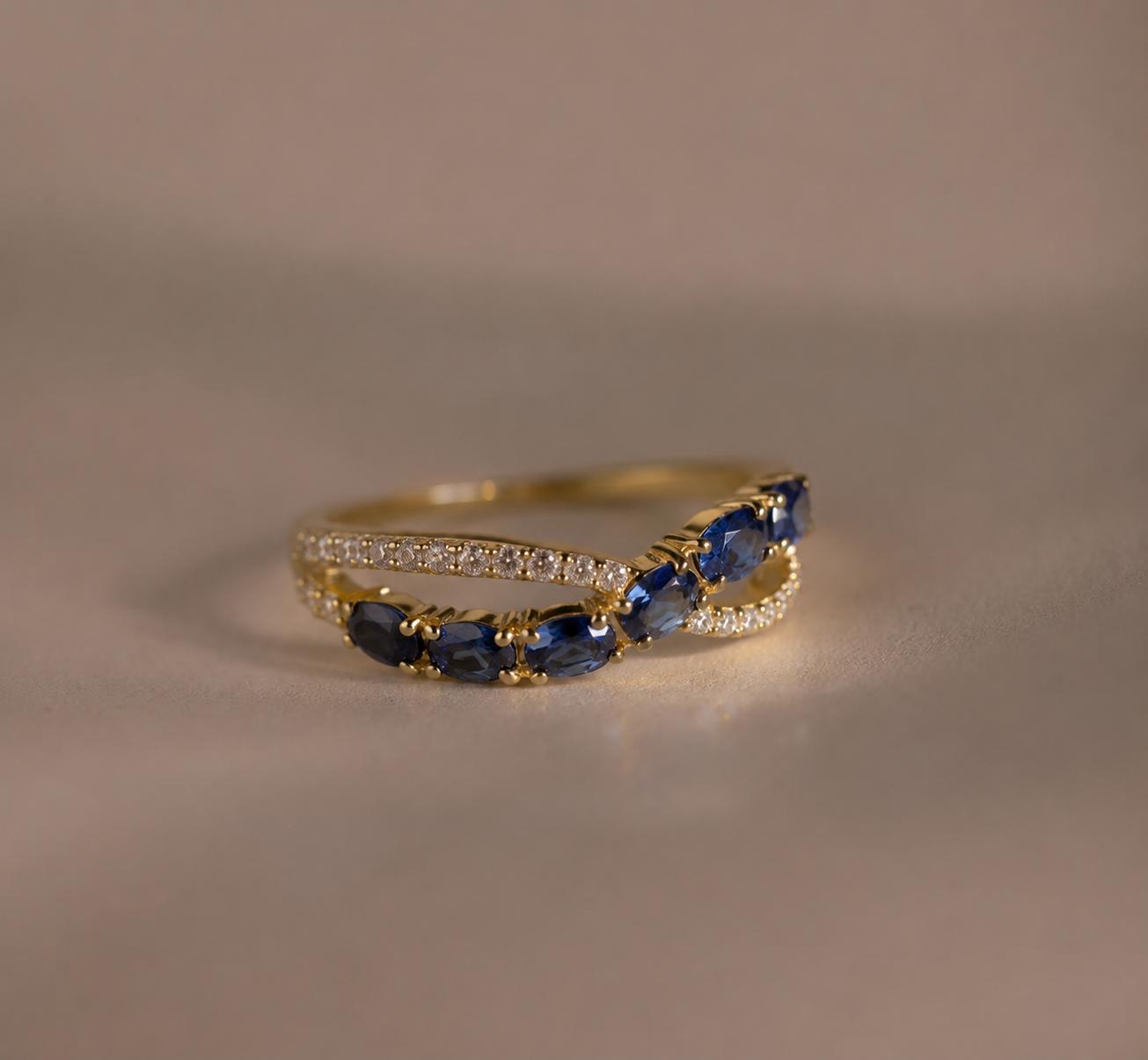 Noor Ring, Gold - Ruby Pink Sapphire Emerald Blue Sapphire, Double Band Gemstone Ring, Luxury Statement Anniversary Gift Her 6 синий