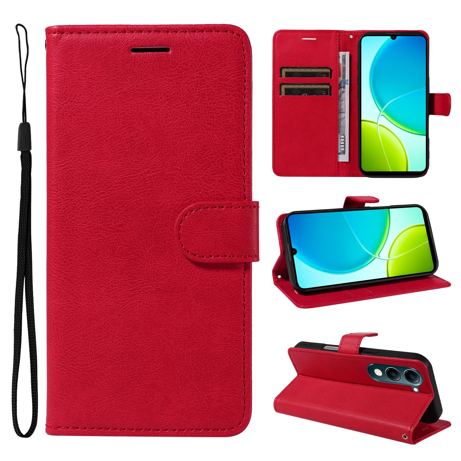 

For vivo Y04 4G/vivo Y29s 5G Leather Wallet Case with Strap Solid Color Phone Stand Cover Rose Gold