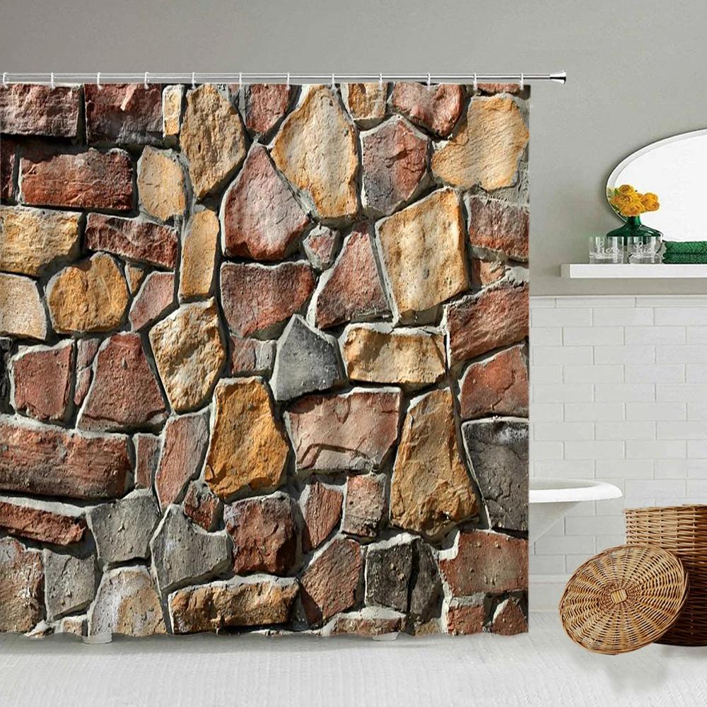 Stone Brick Wall Shower Curtain,Ivy Green Leaves Climbing On Rustic Marble Rocks Stone Wall Fabric Bathroom Shower Curtains
