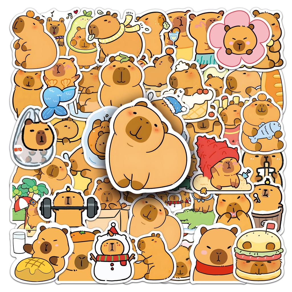 50 PCS Funny Capybara Waterproof Stickers Cute Animal Capybara Cartoon Stickers for Water Bottle Scrapbook Luggage Bike