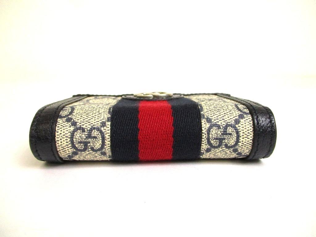 Authentic GUCCI GG Navy Blue Leather Beige Ophidia GG Canvas Bifold Wallet #a933  Refurbished